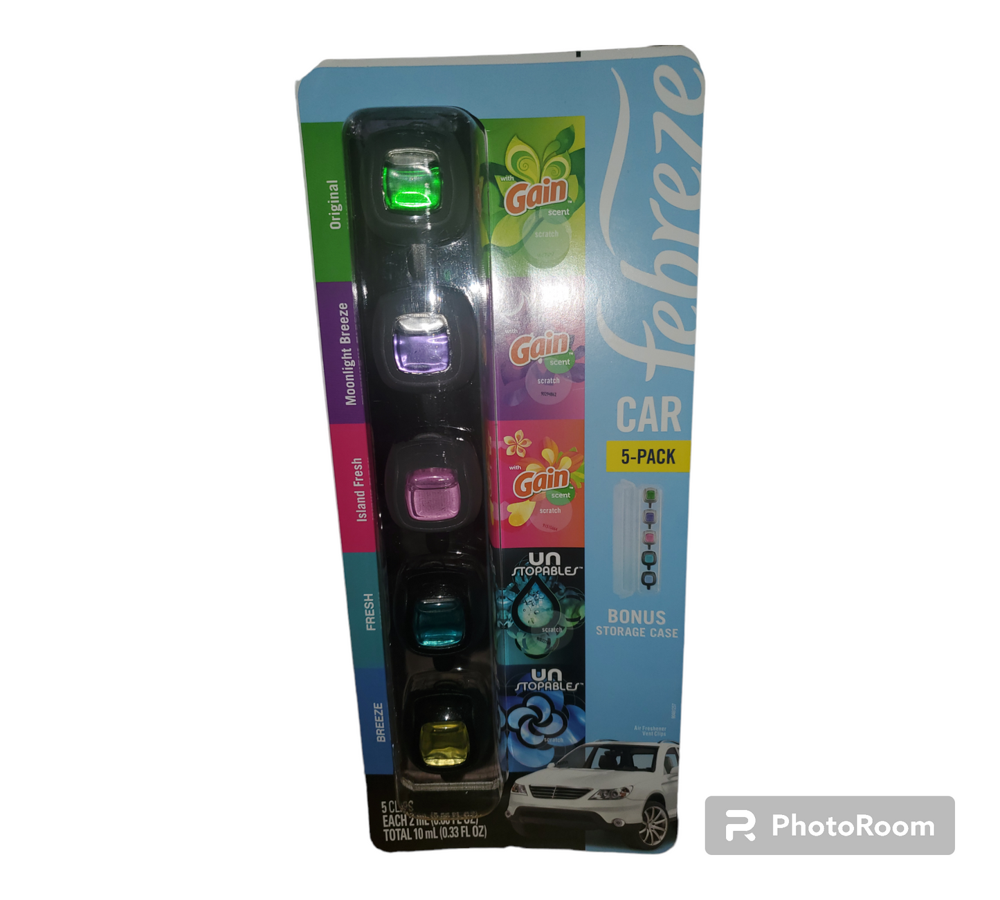 Febreze Car Air Freshener 5 pack with Bonus Storage Case- Gain scents (Original, Moonlight Breeze, Island Fresh) and Unstopables scents (Breeze, Fresh)
