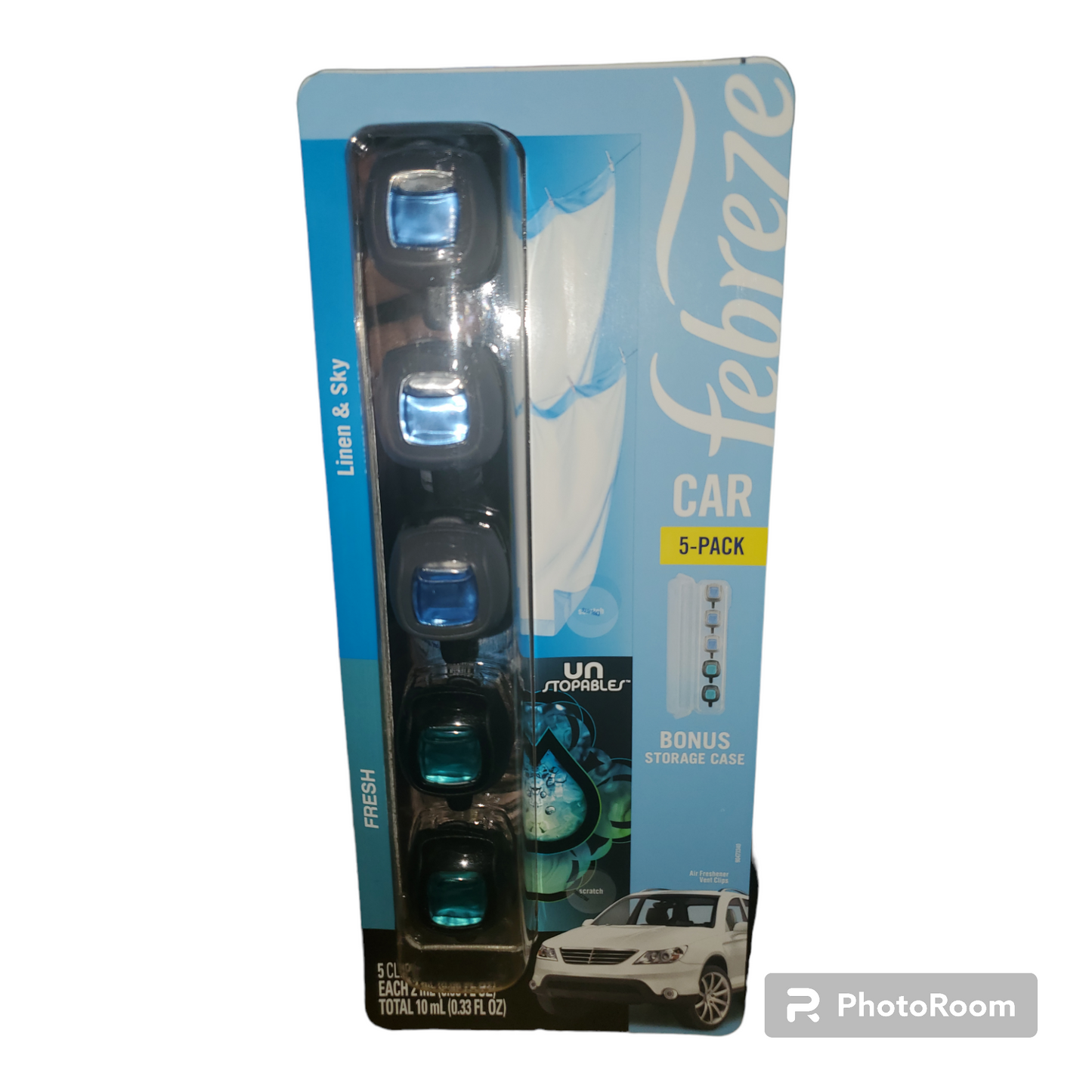 Febreze Car Air Freshener 5 pack with Bonus Storage Case- Linen & Sky and Unstopables scents Fresh.